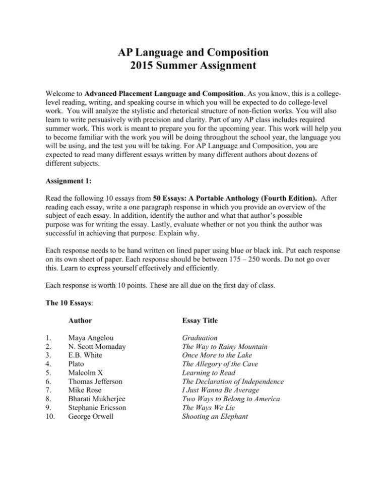 AP Language And Composition 2015 Summer Assignment