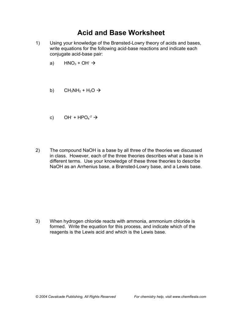 Acid and Base Worksheet Intended For Acid Base Reaction Worksheet