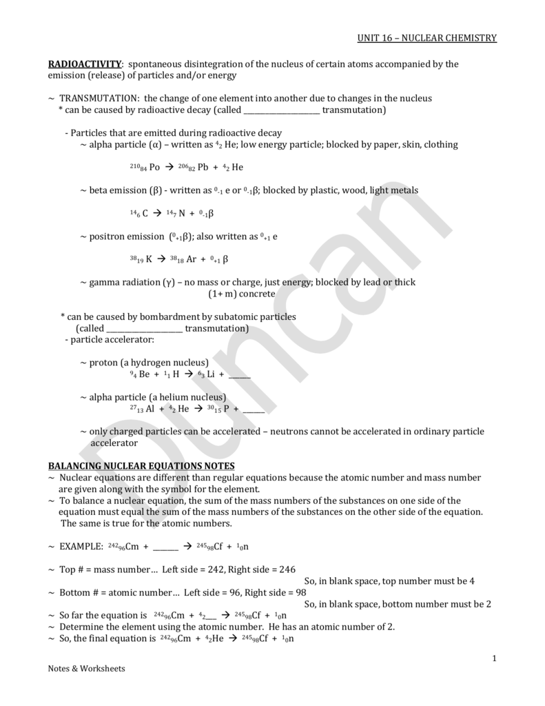 Notes & Worksheets Throughout Nuclear Chemistry Worksheet K