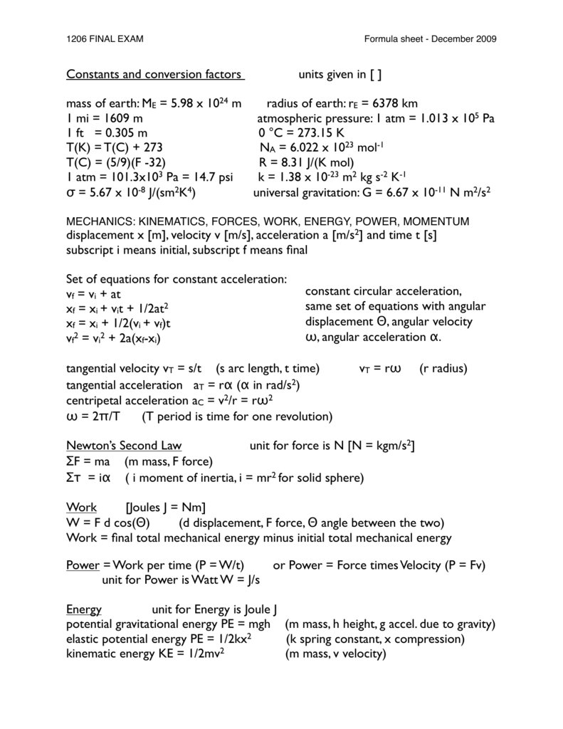 Constants And Conversion Factors Units Given In Mass Of Earth Me