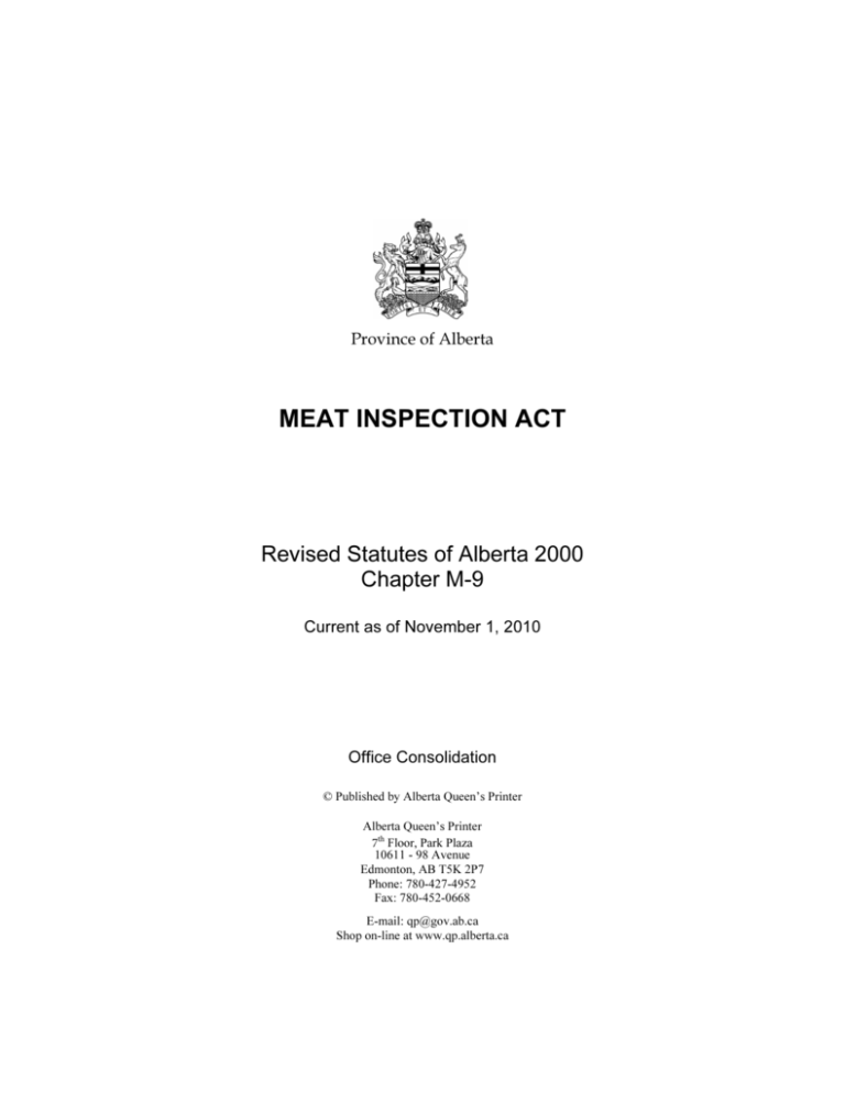 meat inspection act Alberta Queen's Printer