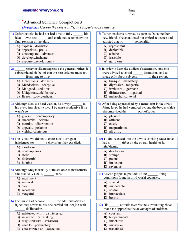 Sentence Completion Worksheets With Answers