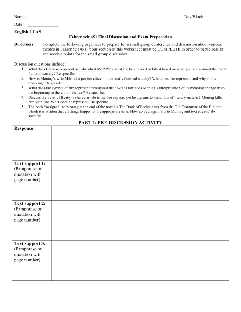 Fahrenheit 451 Final Discussion Worksheet