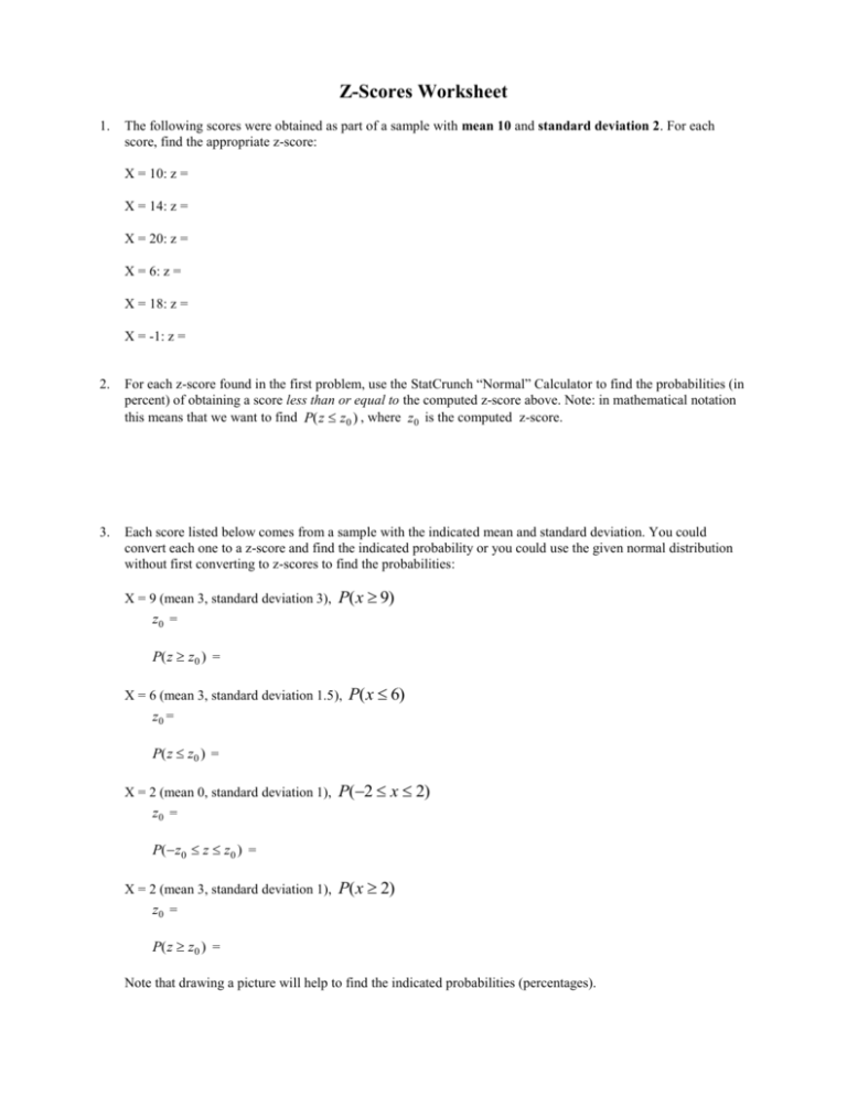 Z Scores Worksheet Statistics Practice