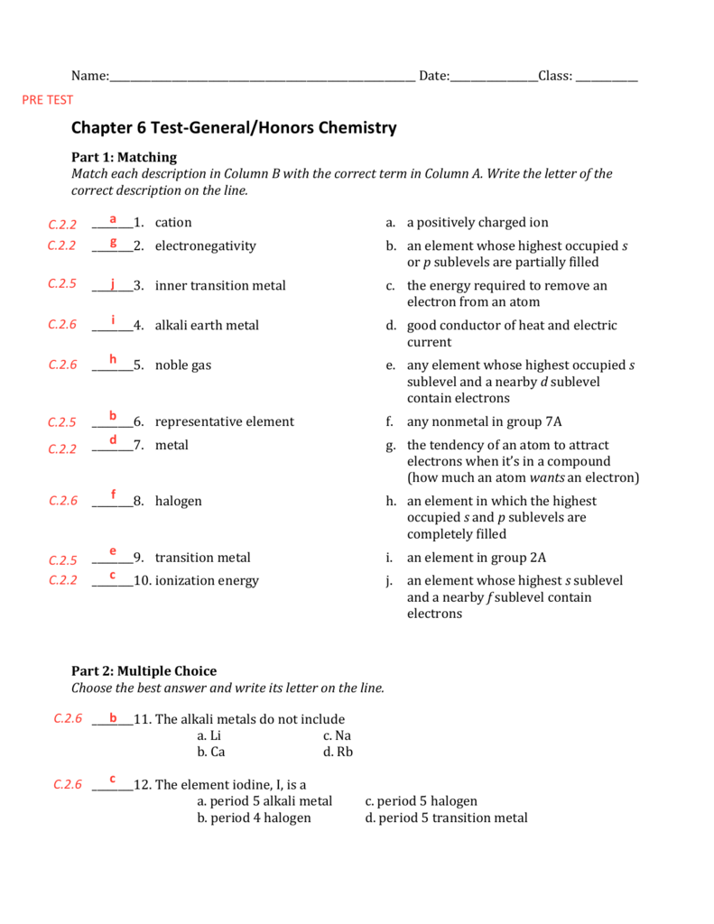 Chapter 6 Test General Honors Chemistry 