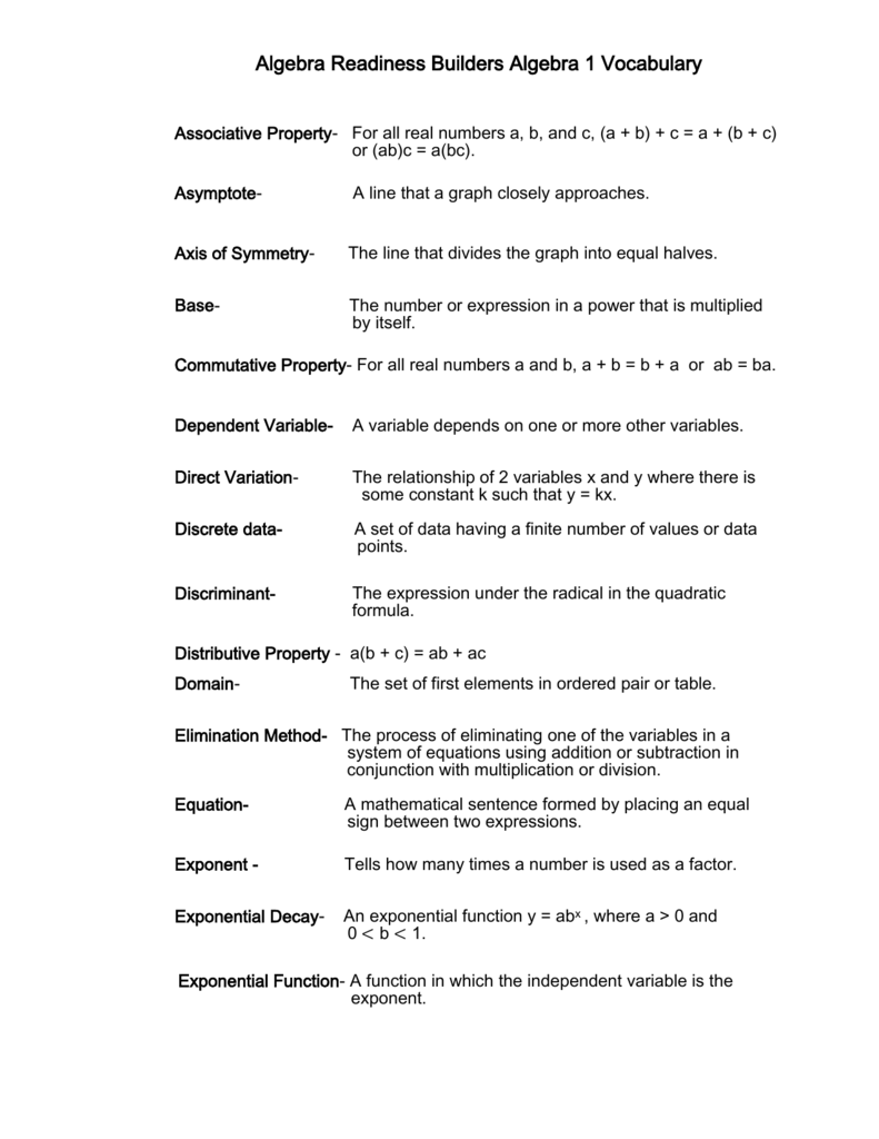 Algebra Readiness Builders Algebra 1 Vocabulary