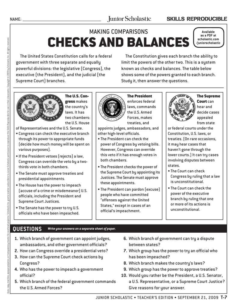 CHECkS ANd BAlANCES Regarding Checks And Balances Worksheet Answers