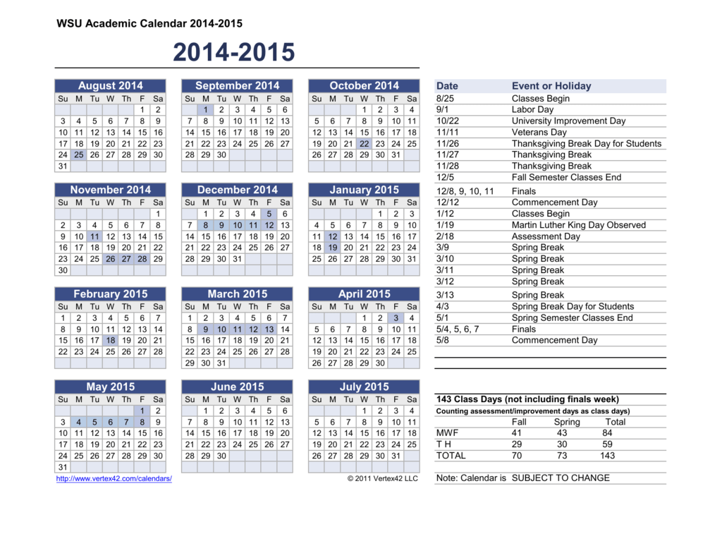 Wsu Academic Calendar 2014 2015 2014 2015
