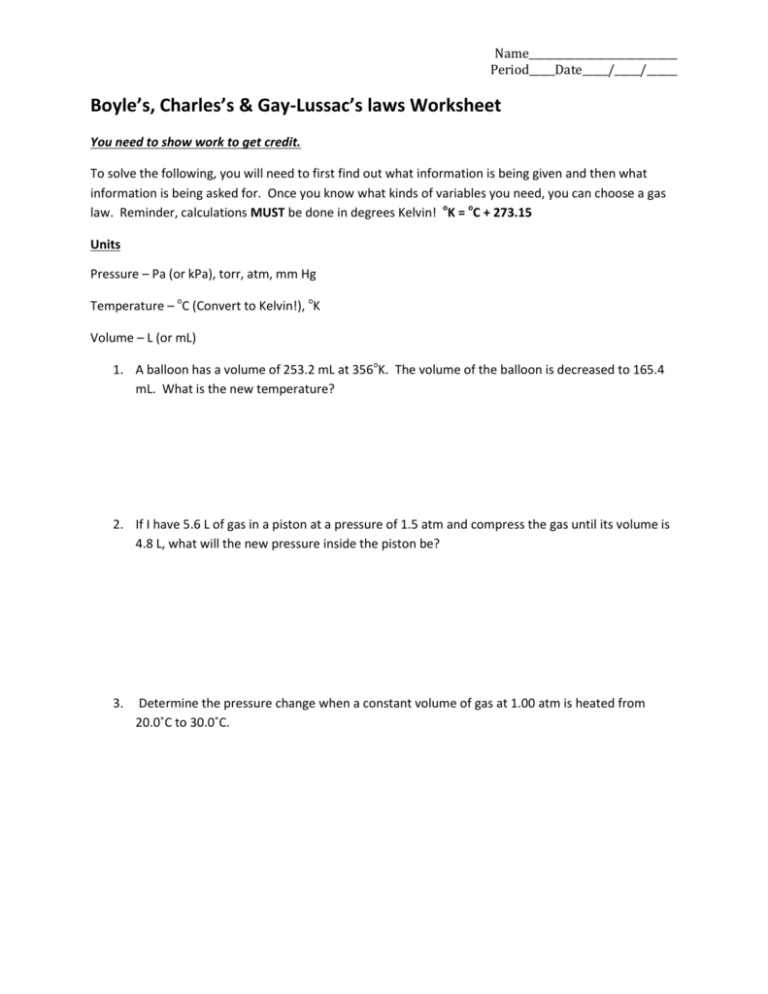 Boyle S Charles S Gay Lussac S Laws Worksheet