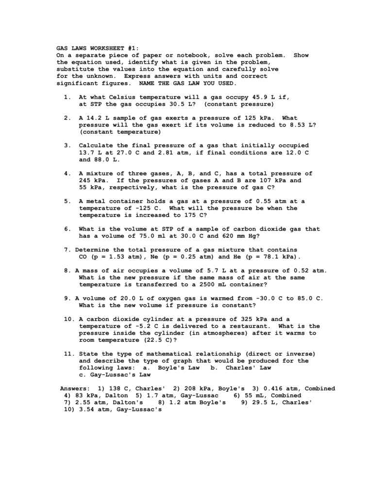 GAS LAWS WORKSHEET 1 On A Separate