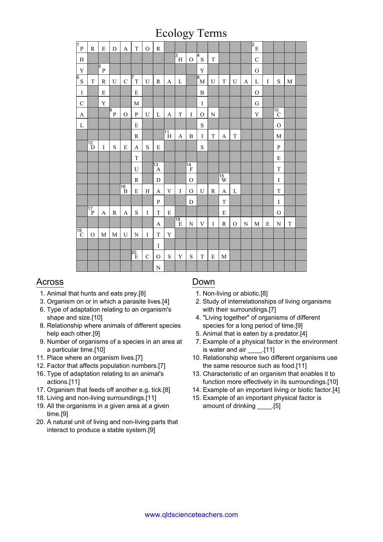 Ecology Crossword Answers Queensland Science Teachers