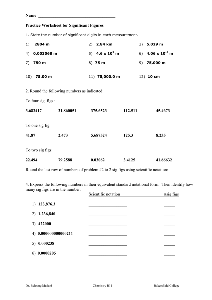 Practice Worksheet for Significant Figures