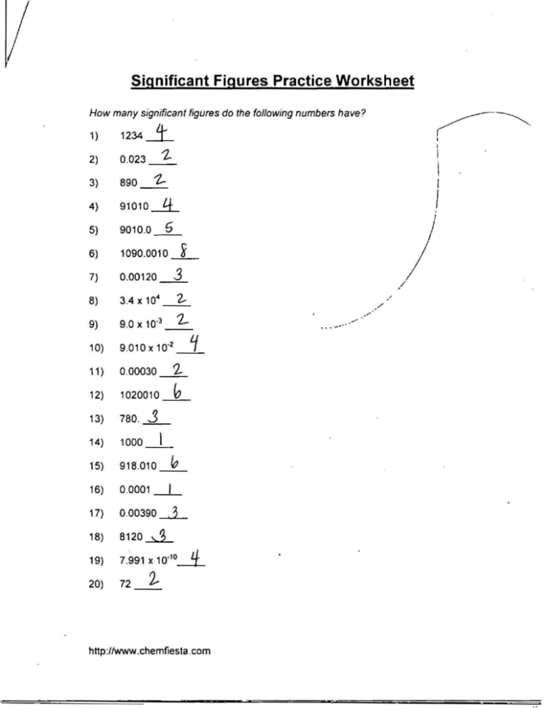 Significant Figures Worksheet Determine The Number Of Significant Figures In Each Of The Following