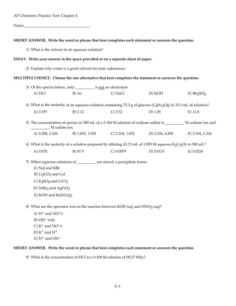 AP Chemistry Practice Test Chapter 4