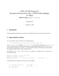 CPSC 420-500 Program #3 Resolution Theorem Prover Due 11/30