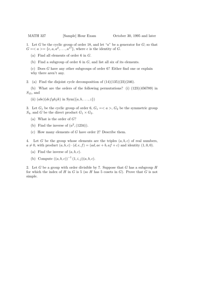 Math 327 Sample Hour Exam October 30 1995 And Later 1 Let G