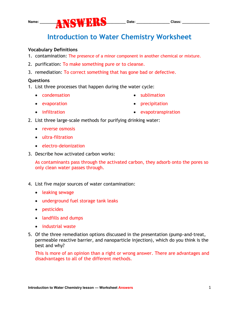 Introduction to Water Chemistry Worksheet Answers Pertaining To Introduction To Chemistry Worksheet