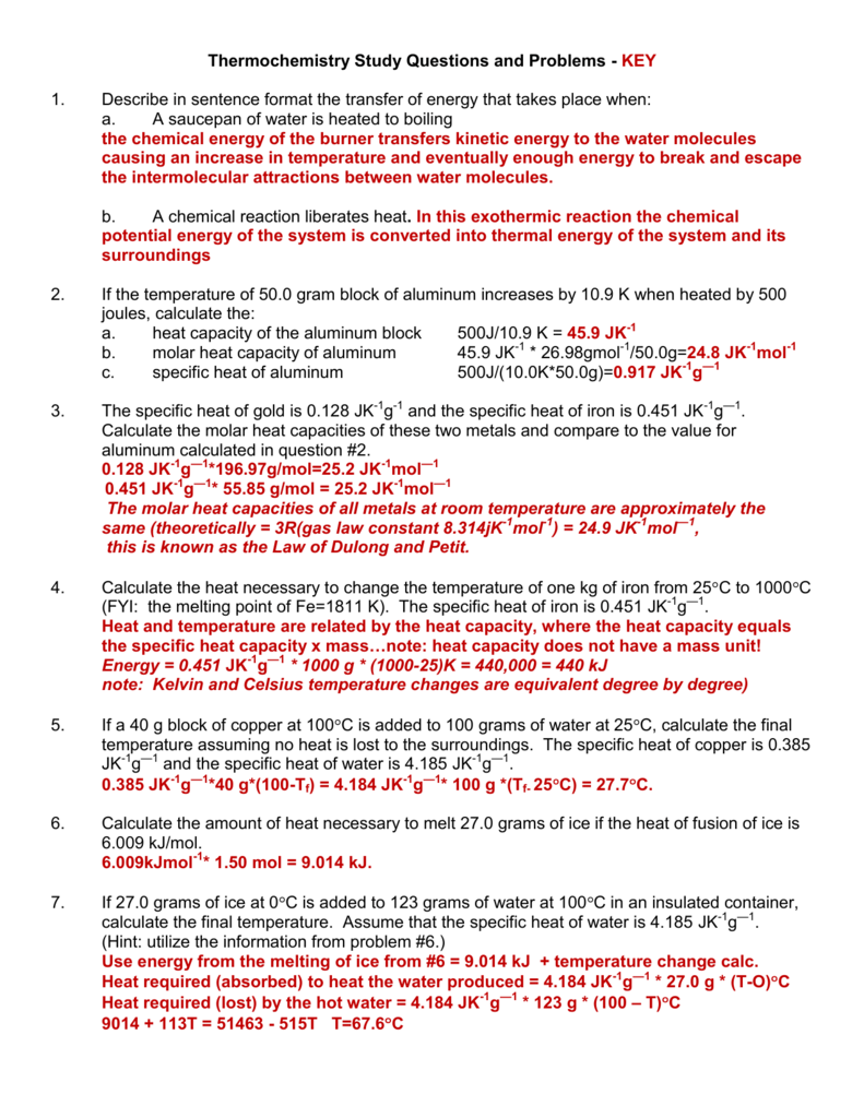 Thermochemistry Study Questions And Problems