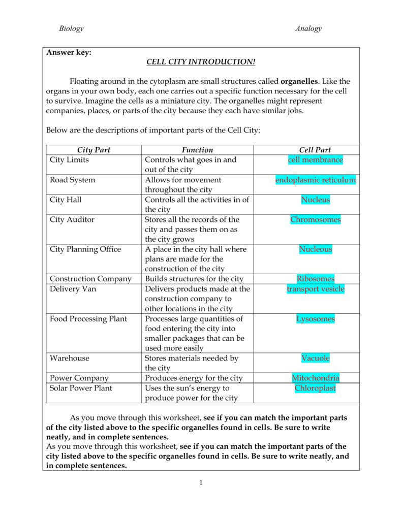 Biology Analogy 21 Answer key: CELL CITY INTRODUCTION Inside Cell City Analogy Worksheet