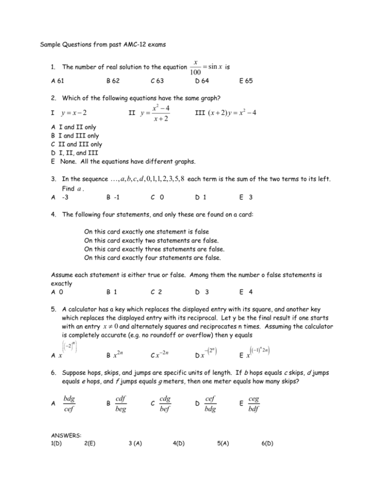 Sample Questions from past AMC12 exams