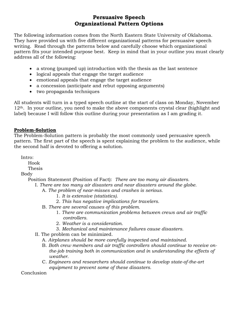 organizational pattern of a persuasive speech