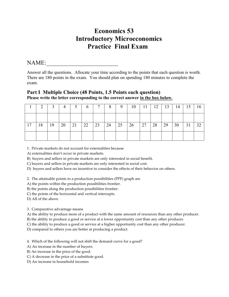 Economics 53 Introductory Microeconomics Practice Final Exam