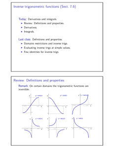 Inverse trigonometric functions (Sect. 7.6) Review: Definitions and