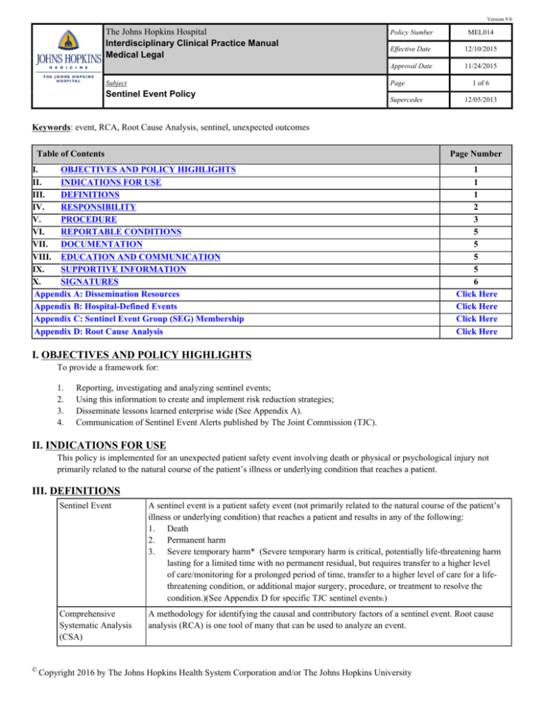Sentinel Event Policy Johns Hopkins University