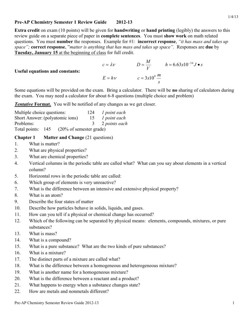 Chemistry Semester 1 Review Guide