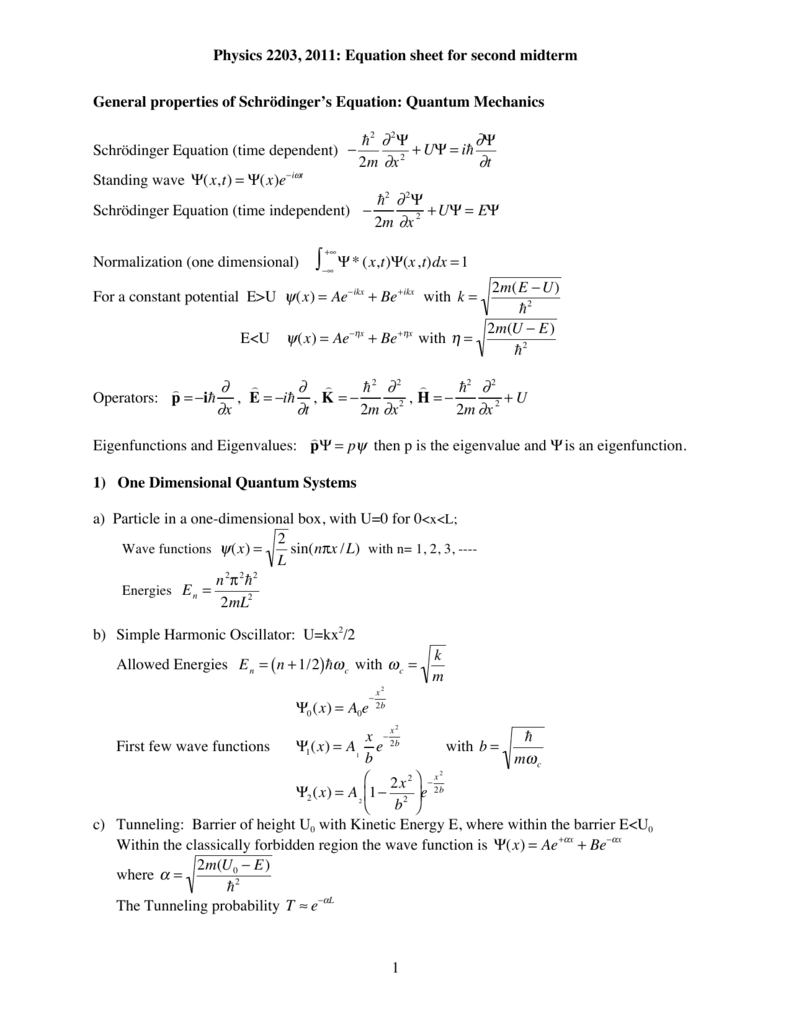 Second Examination Equation Sheet