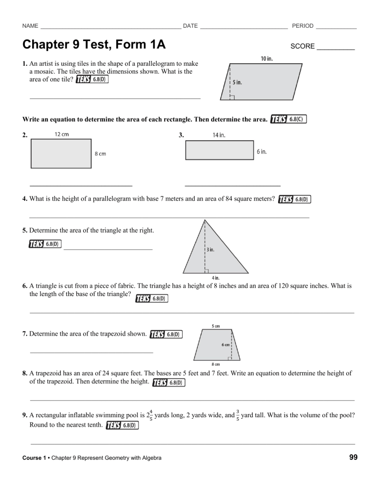 Chapter 9 Test Form 1A continued 