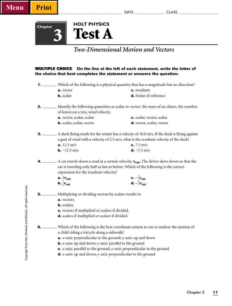 Two-Dimensional Motion and Vectors Test A