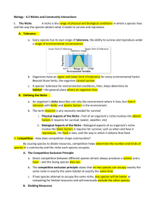 Biology - 4.2 Niches and Community Interactions I. The Niche A