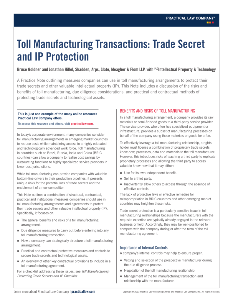 Toll Manufacturing Transactions: Trade Secret and IP With toll manufacturing agreement template