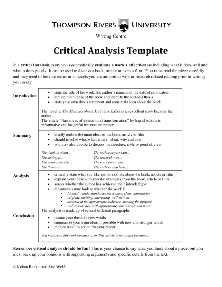 critical analysis essay cover page
