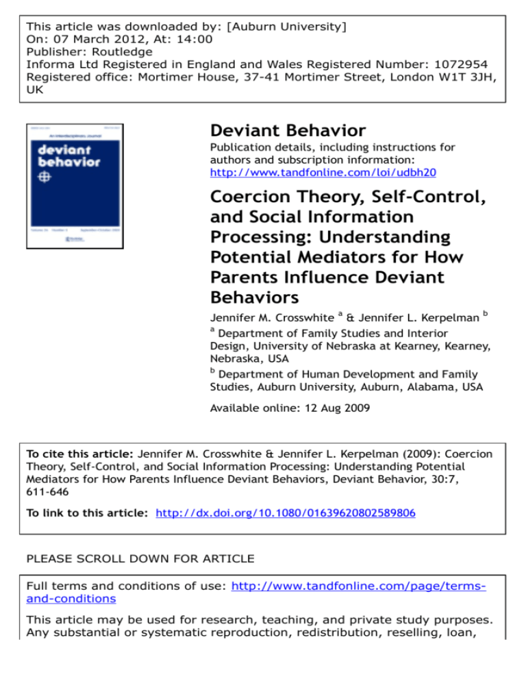 Coercion Theory, Self-Control, And Social Information Processing