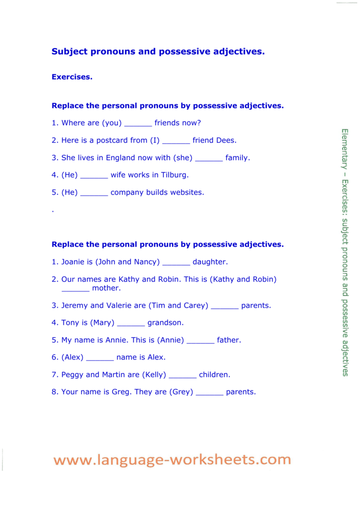 Worksheets Subject Pronouns And Possessive Adjectives