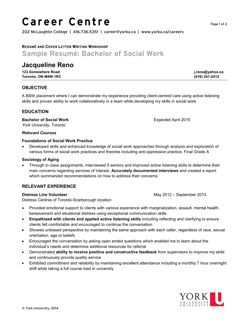 resume sample for fresh graduate social work