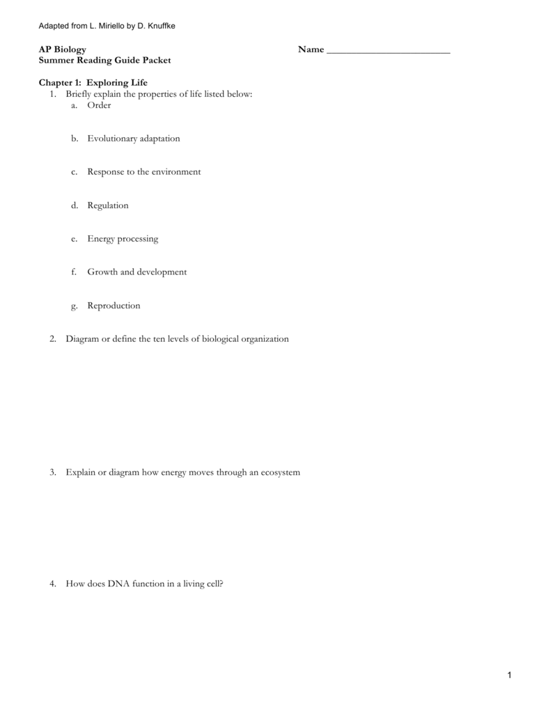 AP Biology Name Summer Reading Guide Packet Chapter 1
