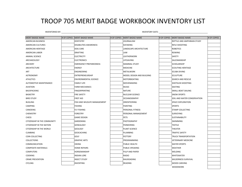 merit badge workbook inventory