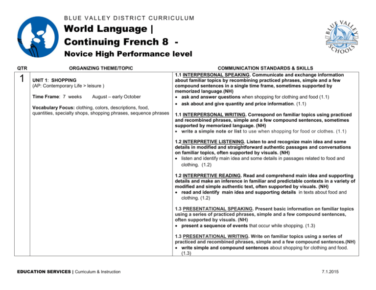 World Language Continuing French 8