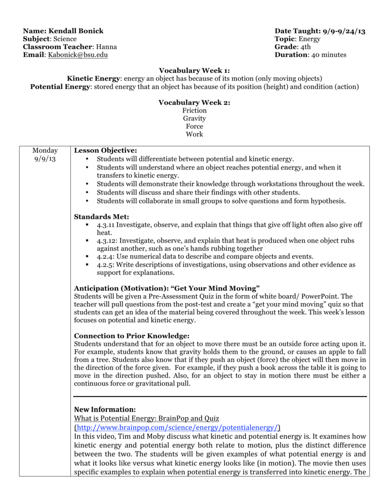 Potential and Kinetic Energy Throughout Potential Versus Kinetic Energy Worksheet