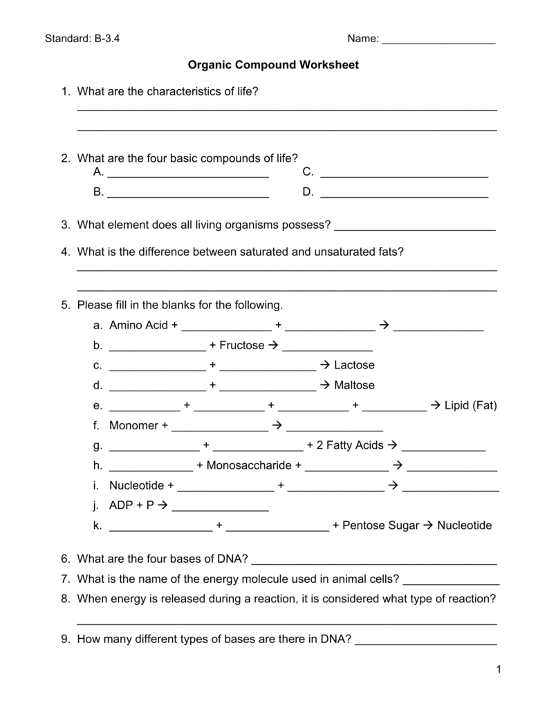 Organic Compounds Worksheet