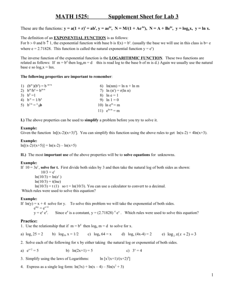 Math 1525 Supplement Sheet For Lab 3