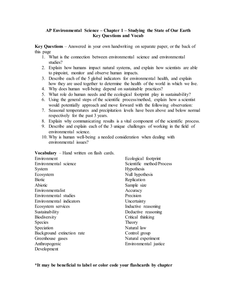 AP Environmental Science – Chapter 1 – Studying the State of Our