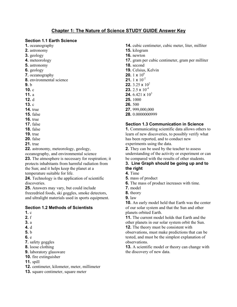 Chapter 1 The Nature Of Science Study Guide Answer Key