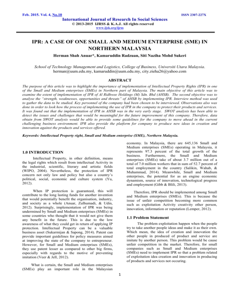 IPR: A CASE OF ONE SMALL AND MEDIUM ENTERPRISE (SME