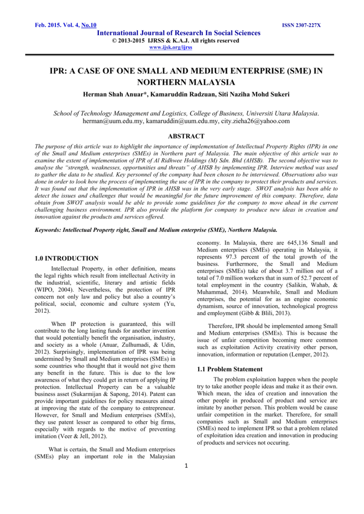 IPR: A CASE OF ONE SMALL AND MEDIUM ENTERPRISE (SME