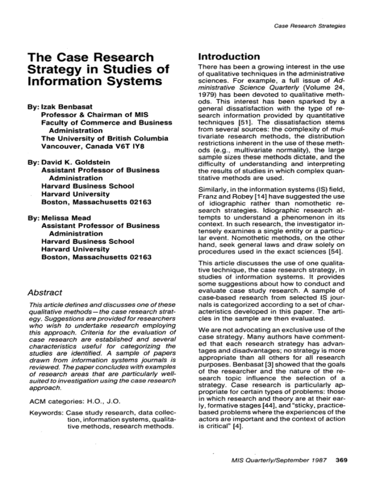 the case research strategy in studies of information systems