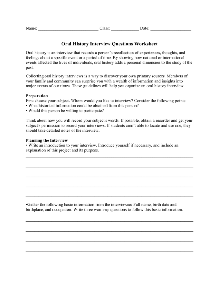 Oral History Interview Questions Worksheet